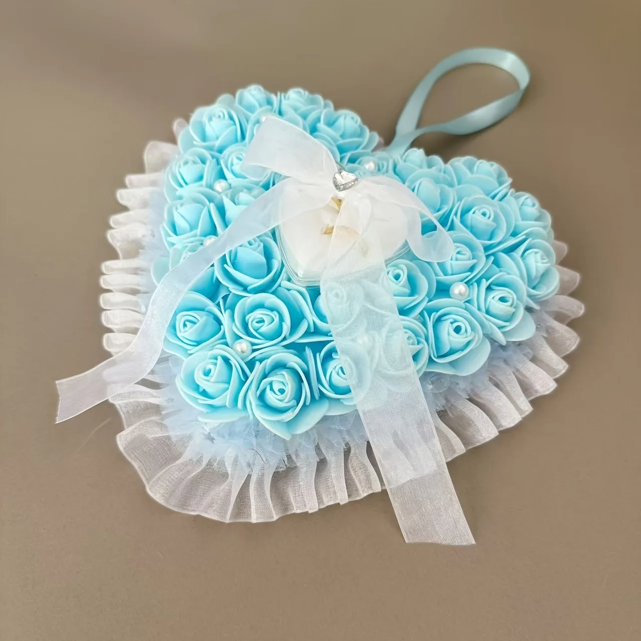 블루 하트 웨딩 링 베개 - 공주 스타일 충전 폼 패드, 프로포즈, 약혼, 발렌타인 데이 및 크리스마스