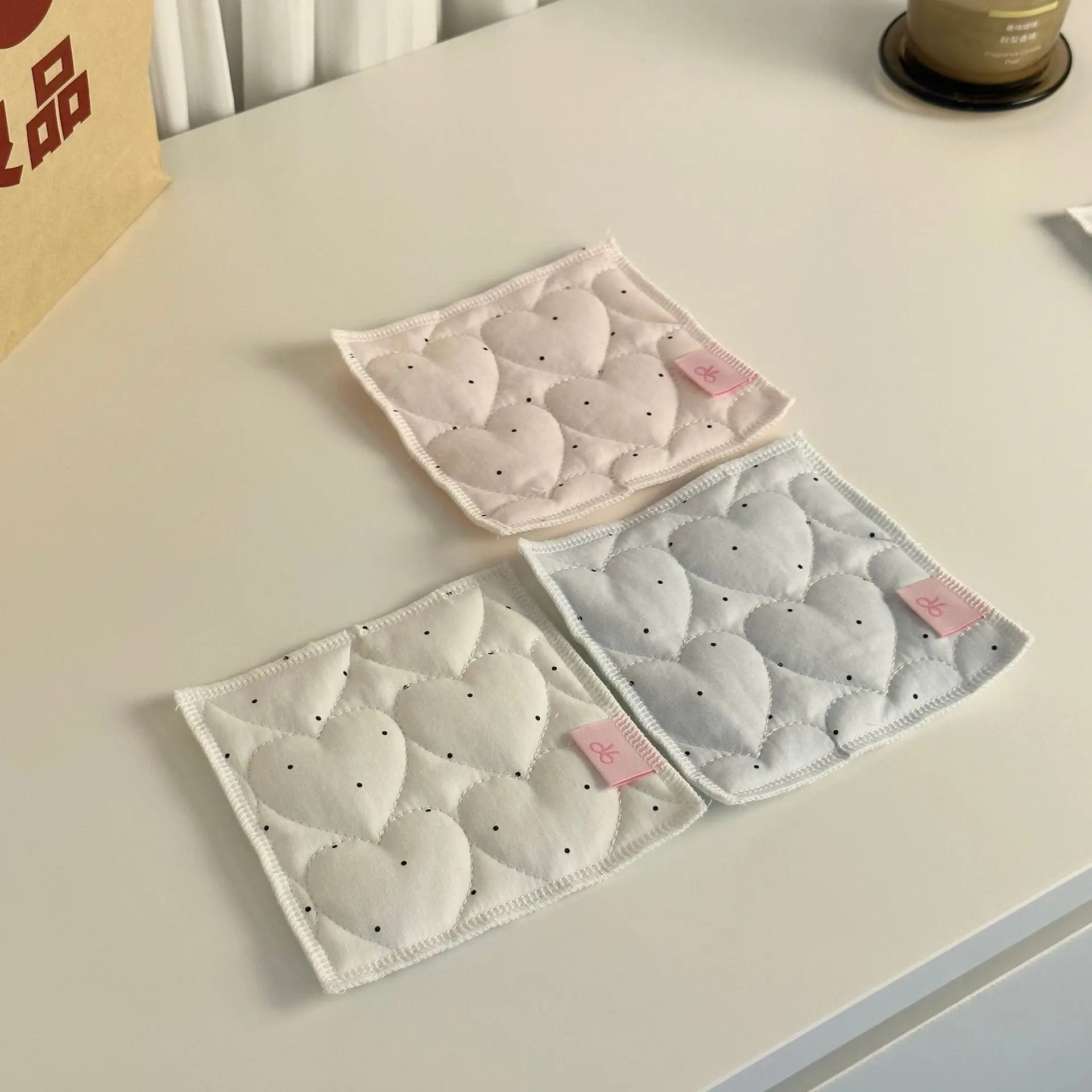 Kawaii Double Sided Quilted Coaster Ladies Heart Stitch Dot Cloth Cup Pad Reversible Plaid Table Protection Coffee Mug Coaster - view 3