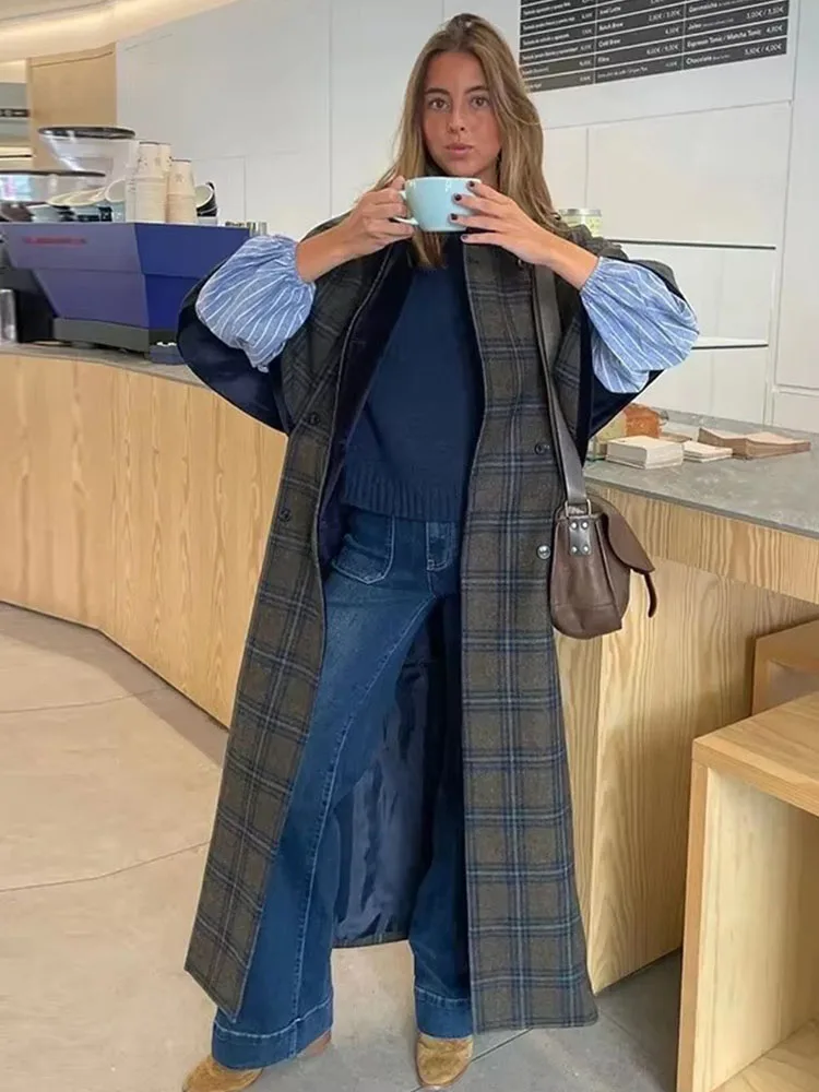 HH Chaqueta de lana a cuadros con doble botonadura y solapa versátil Retro a la moda para mujer, abrigo largo informal estilo capa con temperamento para mujer