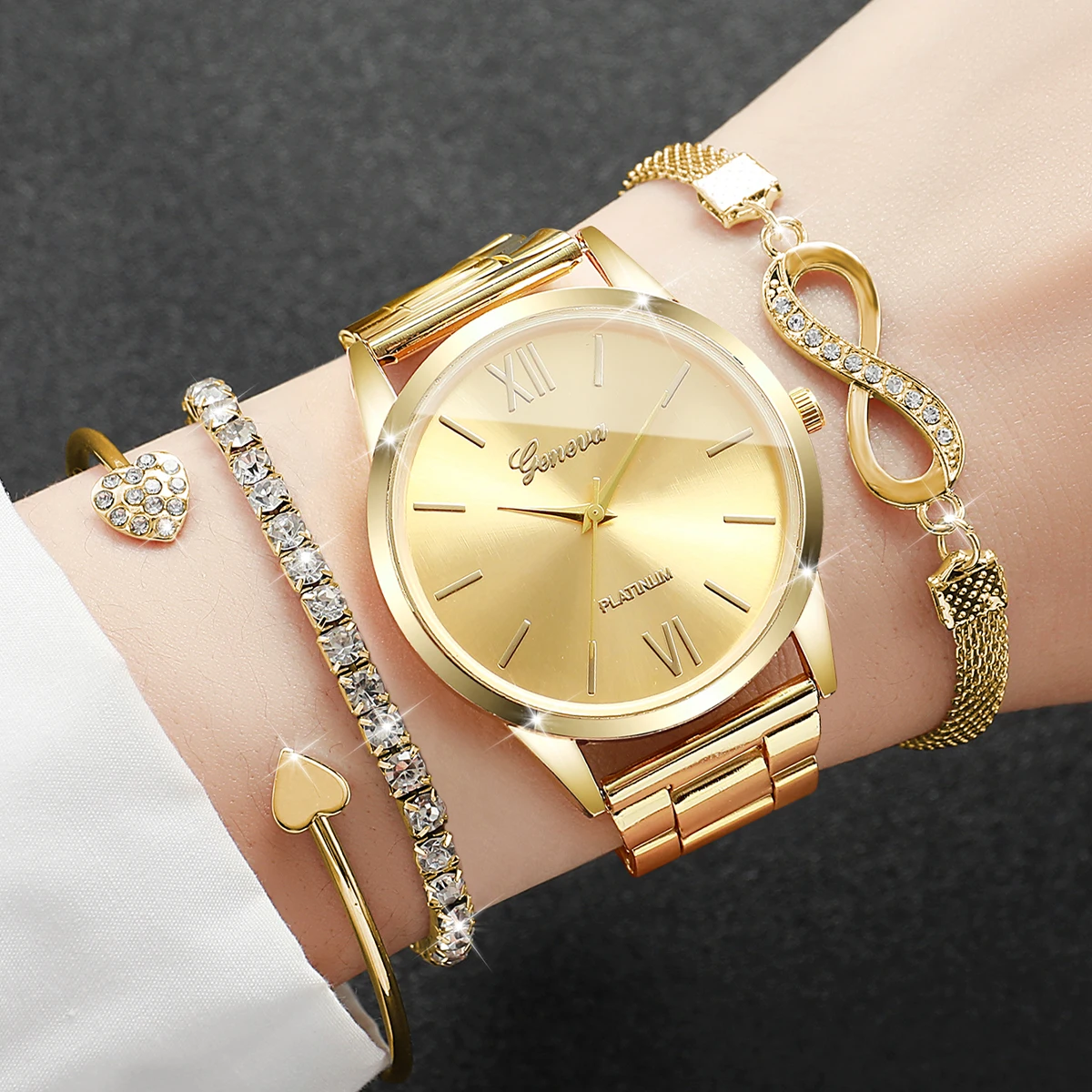 4PCS Women's Geneva Watch & Bracelet Set Gold Tone Round Dial Quartz Wristwatch with Rhinestone Heart Infinity Bracelets