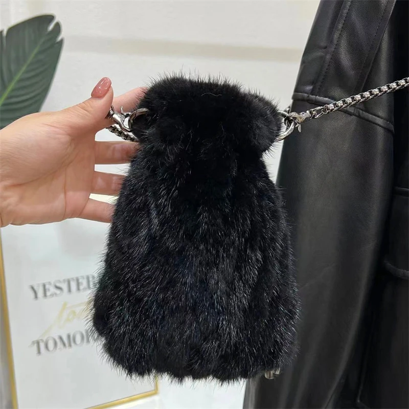 Women's High Quality Fur Shoulder Bag Natural Mink Fur Woven Phone Bag Metallic Chain Embellished Mini Crossbody Bag