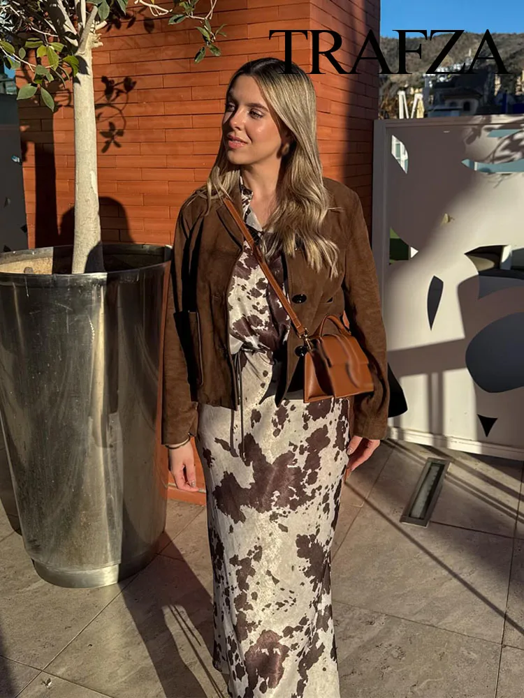 

TRAFZA Women Spring Skirts Suit Turn-down Collar Single-breasted Printed Shirt+Fashion High Waist Satin Texture Belt Midi Skirt