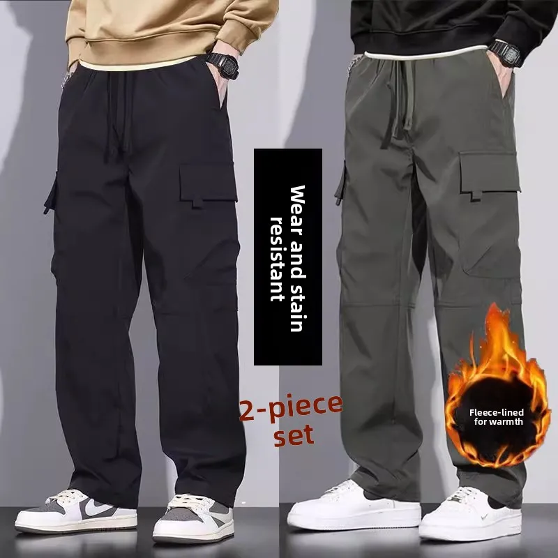 

Thiened Fce Autumn Winter Men's Work Trousers Pure Cotton Casual Loose Multi-ket Straight Leg Pants for Heavy Du