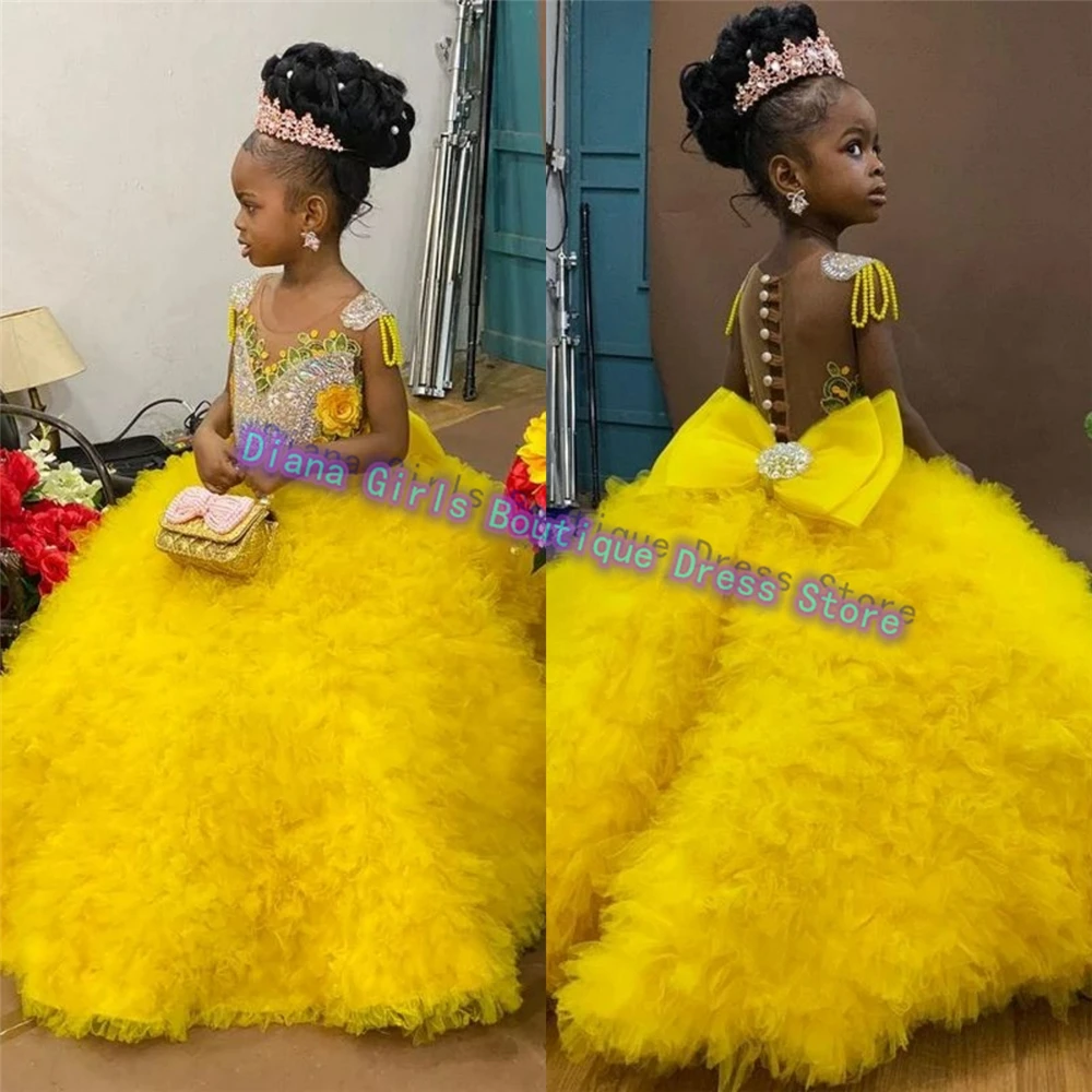 Vestido elegante personalizado de flores amarillas para niña, faja con lazo grande, esponjoso, capas de lentejuelas, boda, fiesta de cumpleaños para niños, vestidos de noche