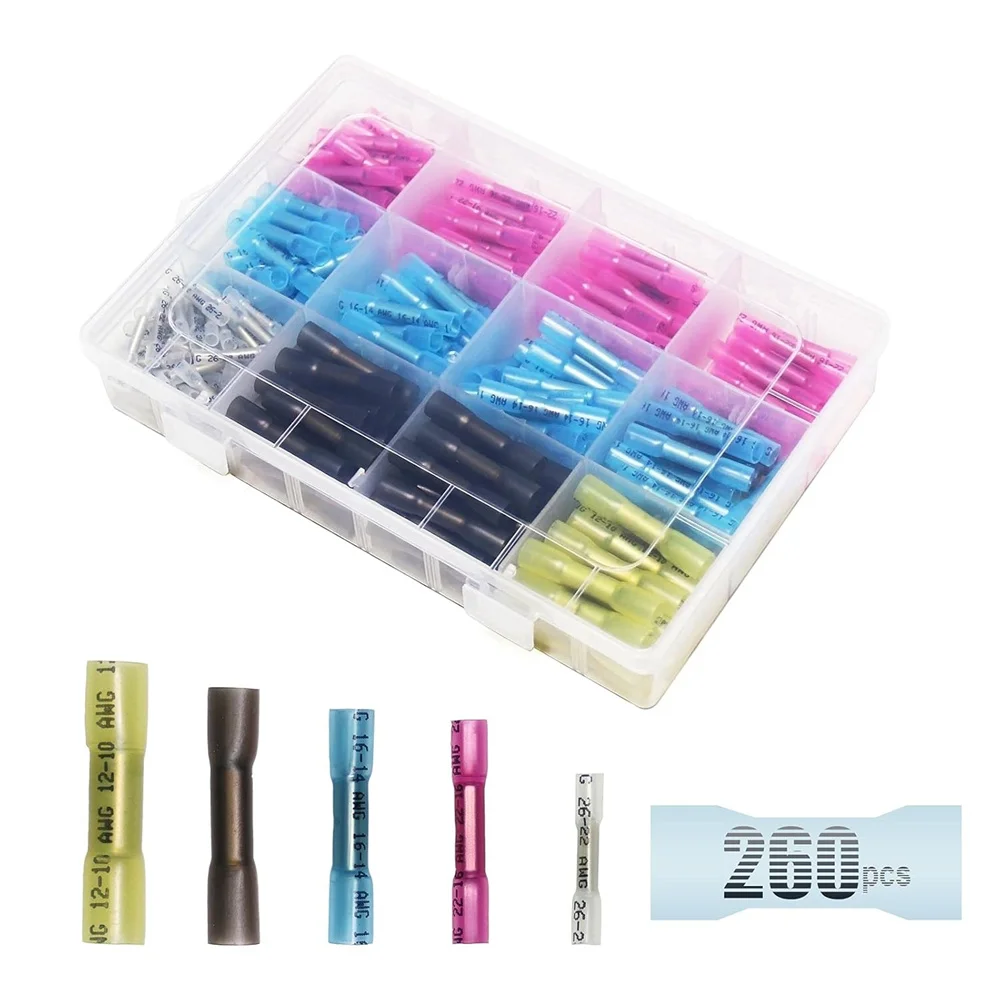 

260pcs Heat Shrink Butt Connectors Kit Butt Terminals for Wire Connectors 10-26AWG Waterproof Insulated Electrical Wire Terminal