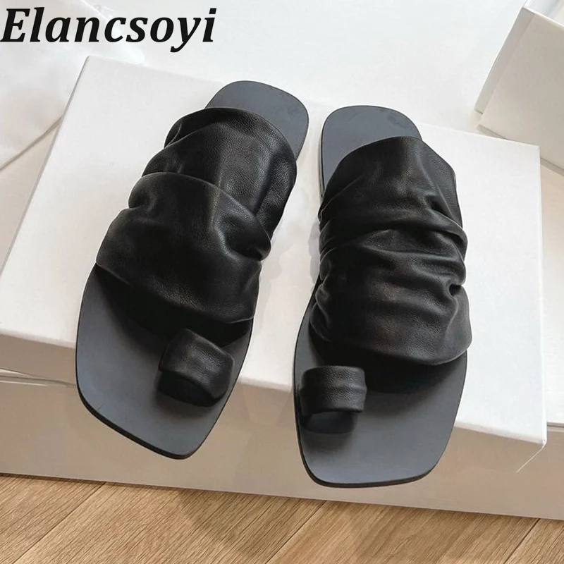 

Summer Open Toe Clip Toe Flat Bottom Slippers Women's Genuine Leather Simple Flip Flops Sandals Casual Vacation Beach Shoes