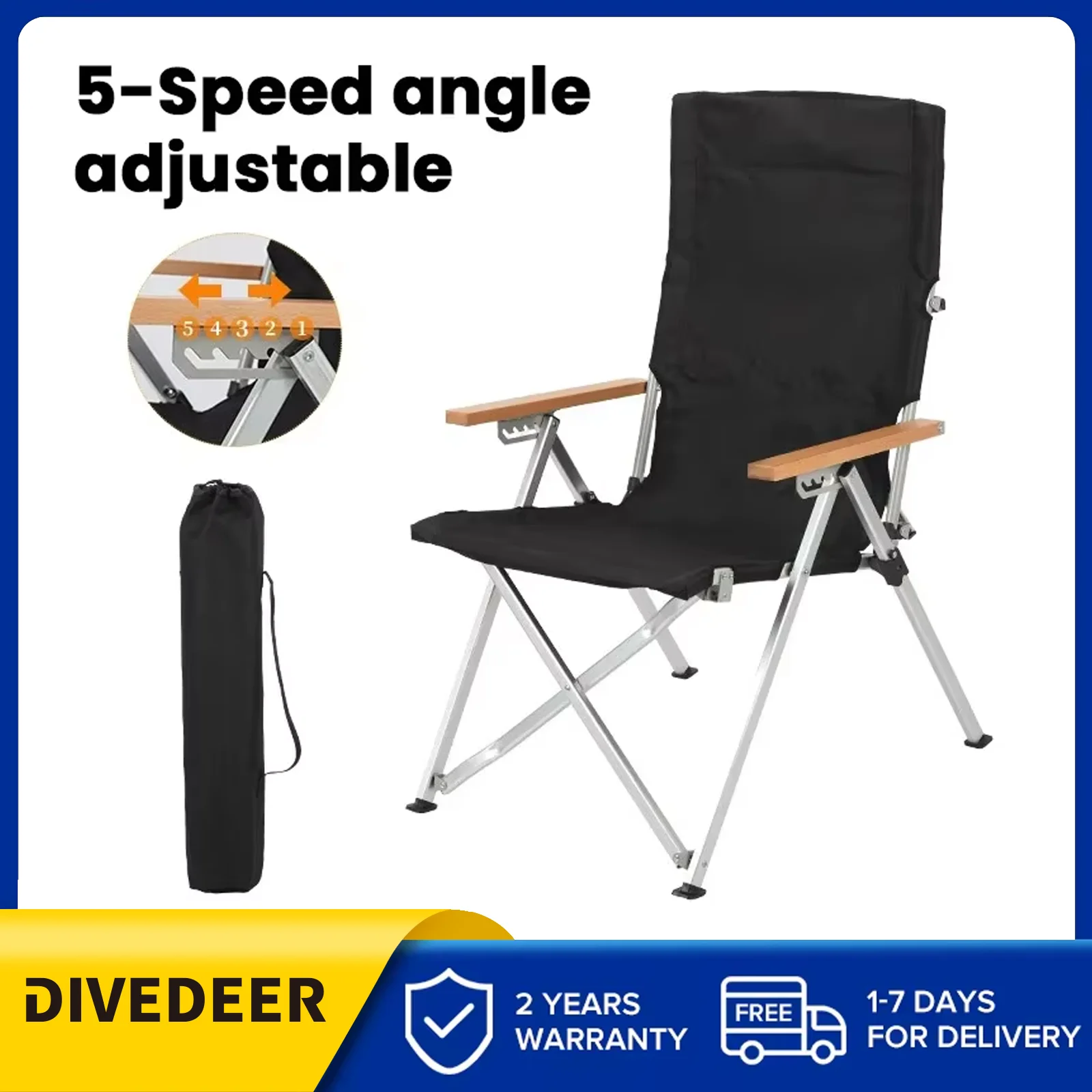 DIVEDEER Outdoor-Möbel, Liegestuhl mit hoher Rückenlehne, leicht, faltbar, tragbar, verstellbar, Campingstuhl