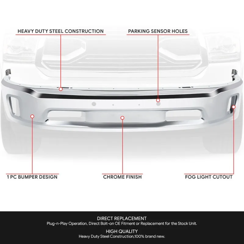 US For 14-24 Ram 1500/Classic Chrome Front Bumper Face Bar w/Fog Light&Sensor Holes