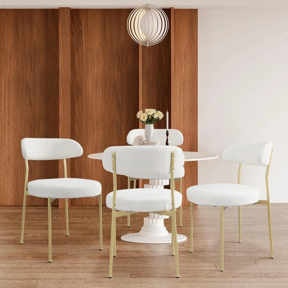 

White Boucle Dining Chair Set of 2, Modern Oval Upholstered Dining Chairs with Curved Back and Metal Leg for Dining Room
