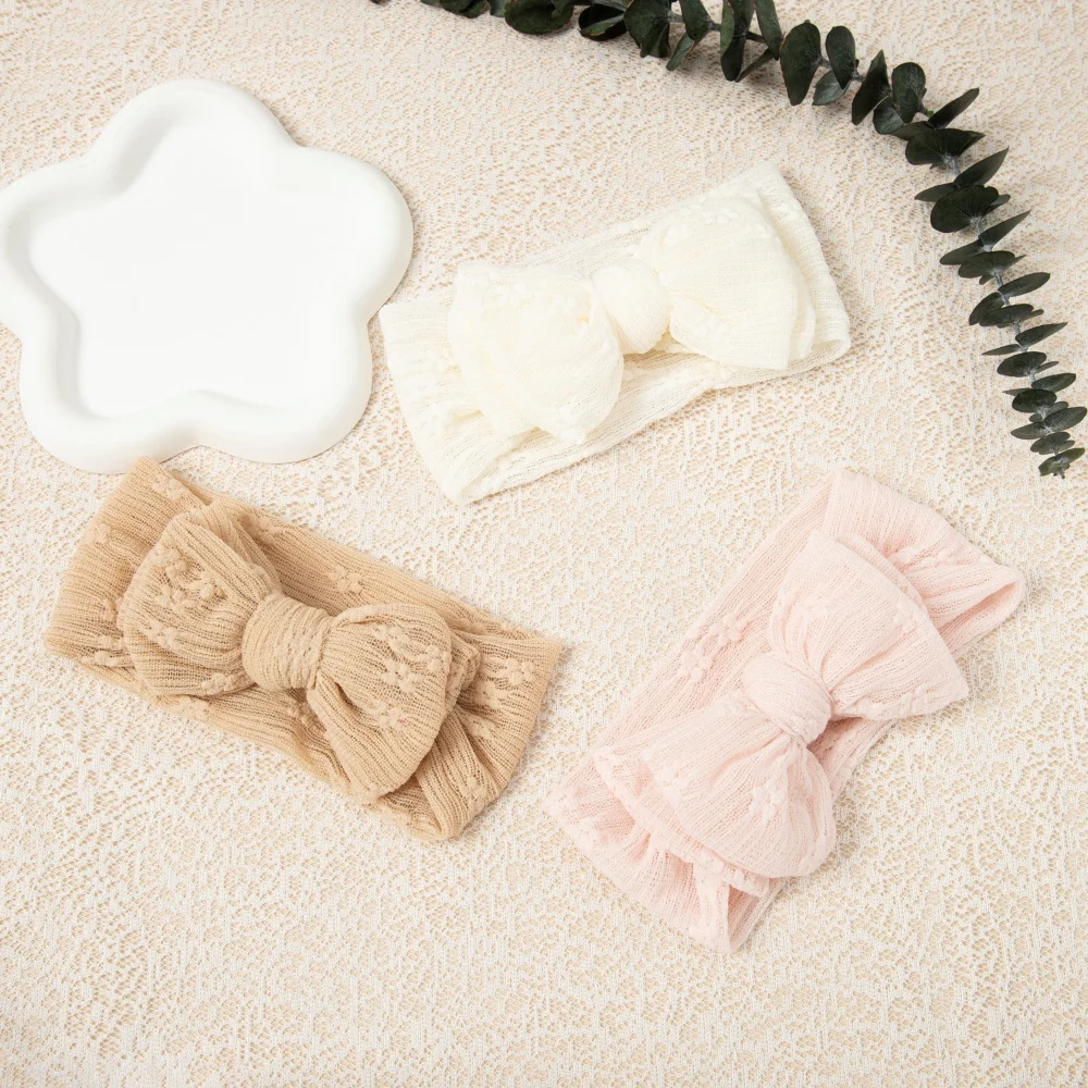 3 ピース/セット女の赤ちゃんヘッドバンドダブルメッシュ弓ヘアバンドソフトターバン素敵な弓子供帽子ヘアアクセサリー新生児用