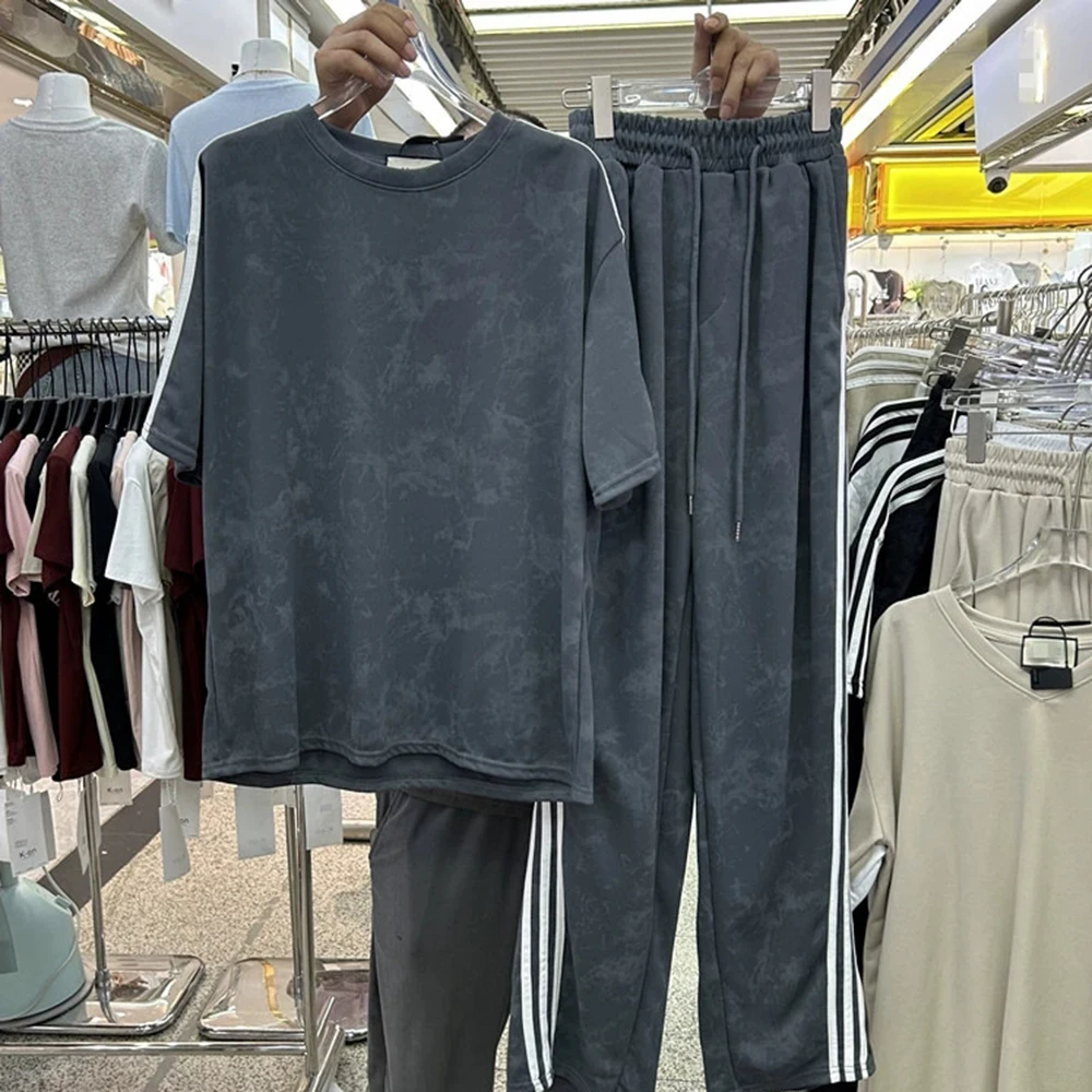 Loose and fashionable T-shirt top + elastic waist wide-leg casual trousers two-piece set-GZTZ101