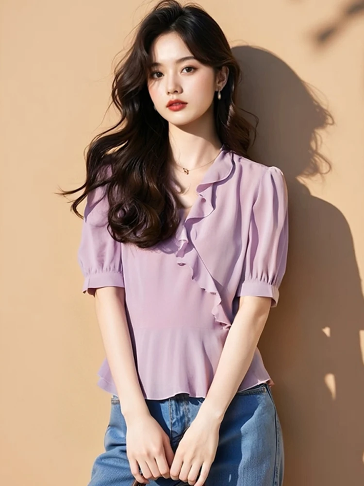 

Faionable Summer ort Sve Chiffon Top with Lace Trim Design Loose Fit Slimming Overhead Korean Sle Straight Cut Silk