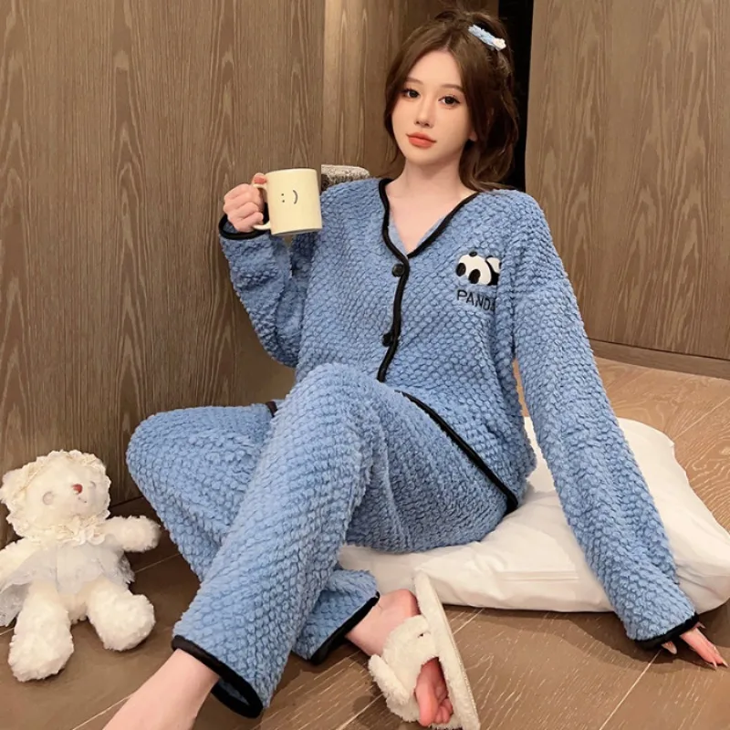 5XL Plus Size Coral Fleece Pajamas Set Women\'s Winter Cute Japanese Style Soft Plush Thickened Sleepwear Sweet Girl Home Clothes