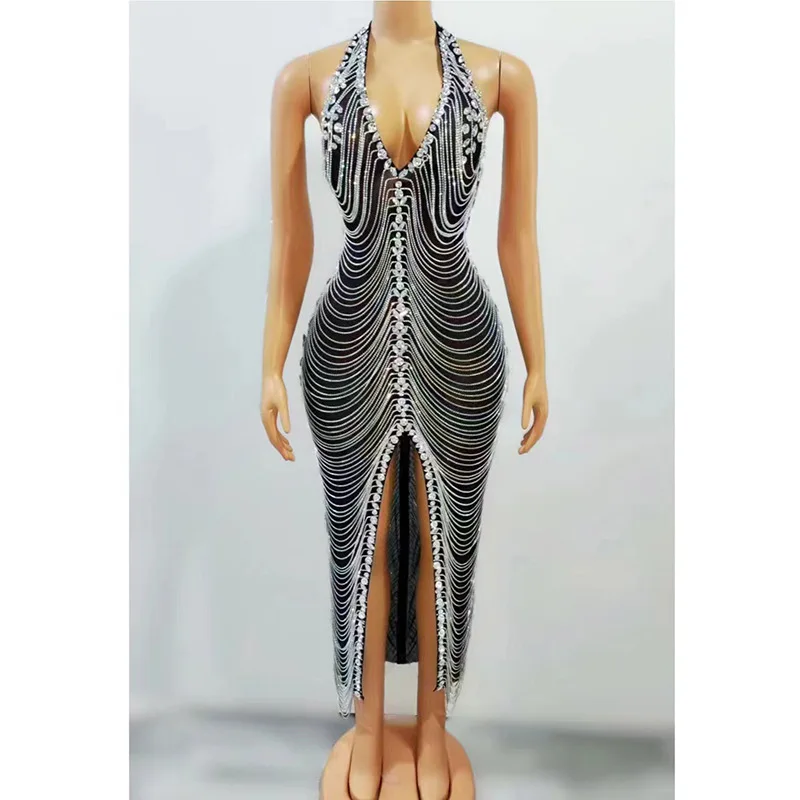 

2025 Front Split Silver Long Chain Slim Fit Big Halter V-neck Neck Neck Sleeveless Elegant Long Evening Dress Diamond Long Dress