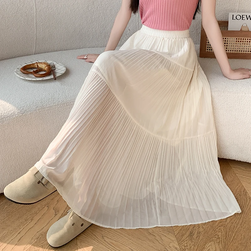 

French Style Chiffon Mid-Length for Women Spring Summer High Waist A-Line Fairy Pleated Cake Skirt