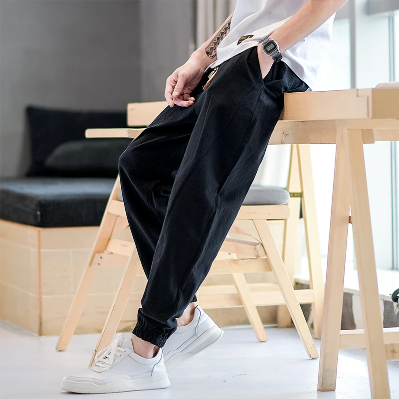 

Льняные хлопковые мужские летние тонкие дышащие свободные повседневные брюки в стиле Харадзюку, винтажные свободные брюки с манжетами для отдыха