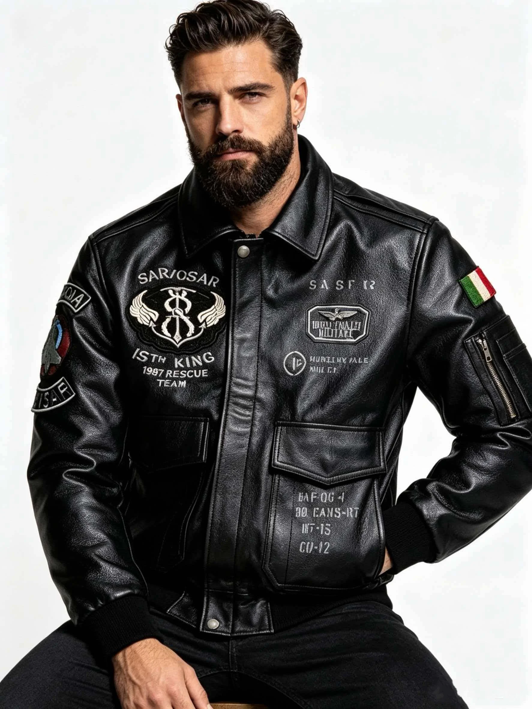 Black Autumn Leather Jacket Men Retro Style Plus Size 5XL Genuine Natural Cowhide Turn-Down Collar Military Flight Coat