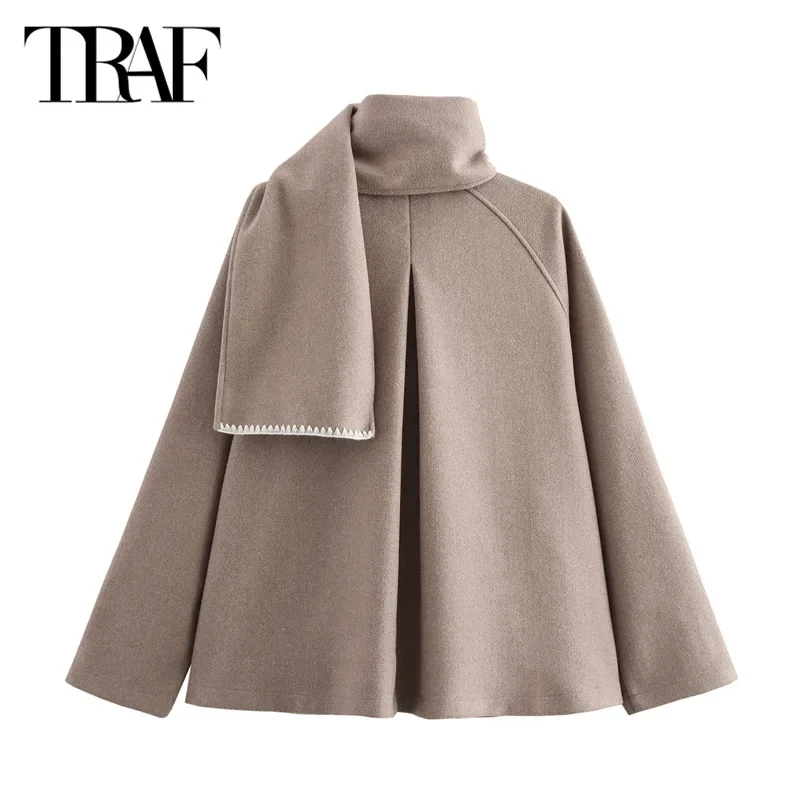 TRAF Women\'s Warm Winter Scarf Jacket Oversized Parkas Coats Outerwears 2024 Autumn Demi-Season Long Sleeve Wool&Blends Coats