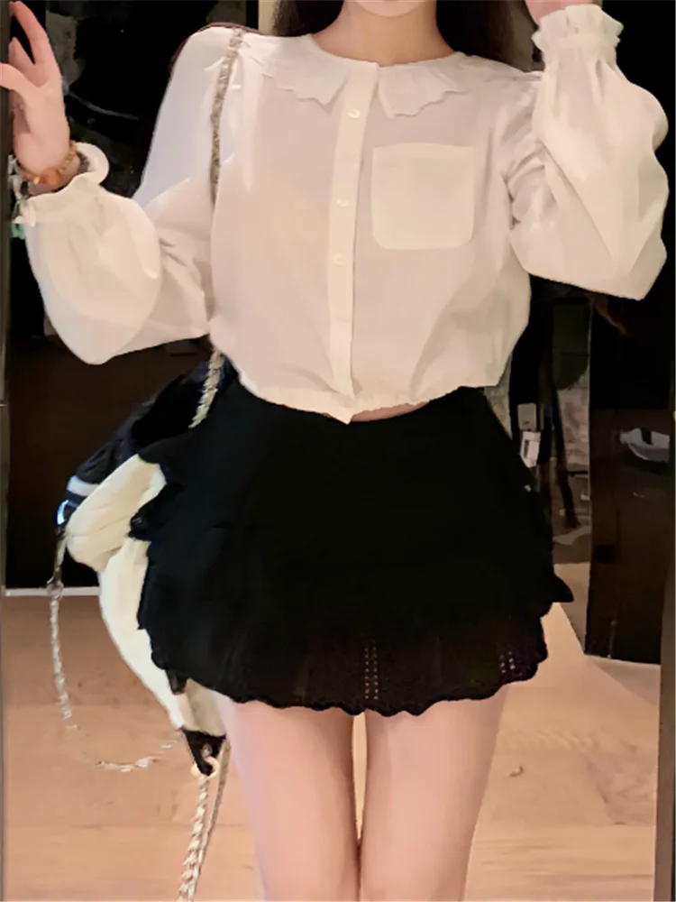 

Sweet Girl Cute Summer 2 Pieces Dress Sets Ruffles Doll Collar Short White Shirt Blouse&Black Mini Skirt Chic Matching 2PC Suits