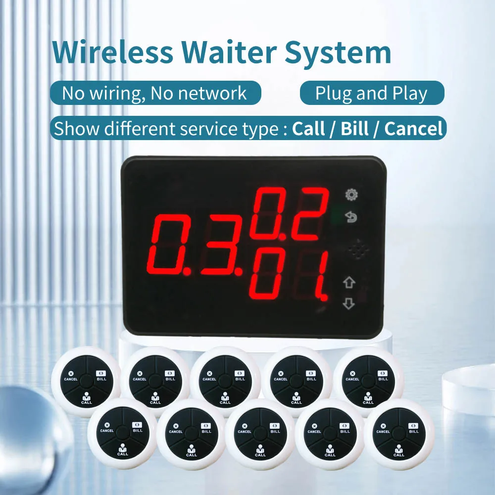 Wireless Calling System，Waiter Pager System for Restaurant, 10 Table Call Buttons and 1 Display for Customer