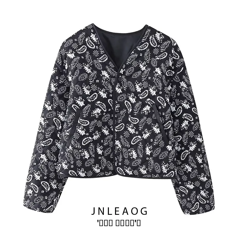 

Faionable Versatile Printed Cotton Jaet Women's Street Sle Straight Cut Long Sve Zipper Closure round Ne Casual Coat