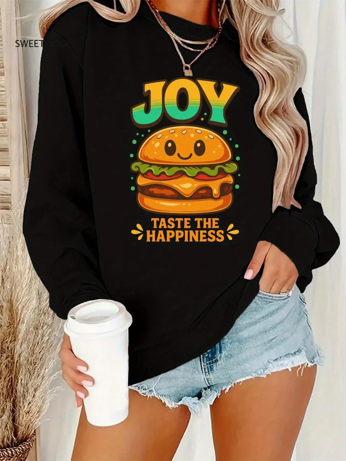 

Women's Sweatshirt - Black Crewneck Sweater with Joy & Hamburger Print, Soft Relaxed Fit Pullover for Fast Food Lovers