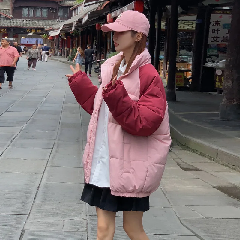 

Women's Winter Tops Jacket Cotton Coat Standing Collar Color Collision Short Warm New Thicken Vintage Simple Leisure Soft Niche