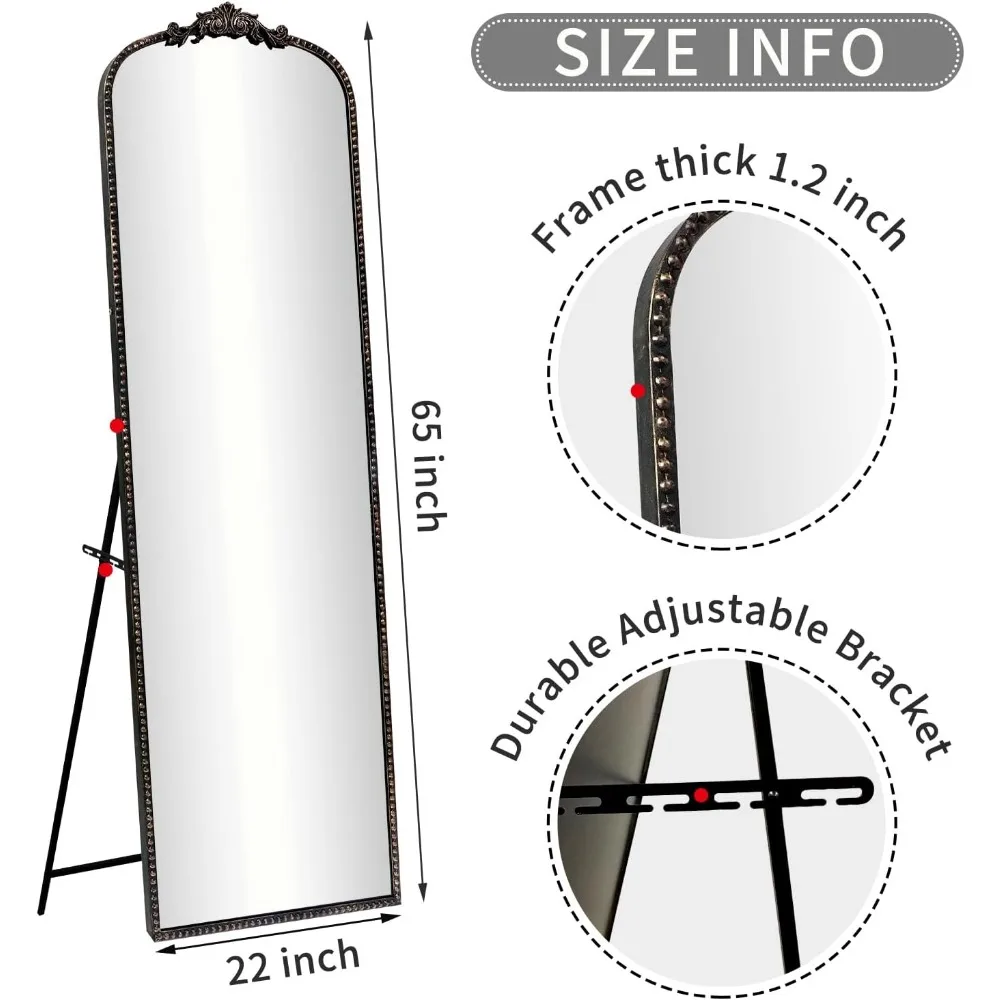 Growsun アンティーク バロック フルレングスミラー、ヴィンテージ ブラック 65インチx22インチ 全身フロアミラー、自立式、壁掛け式、または斜め掛け式