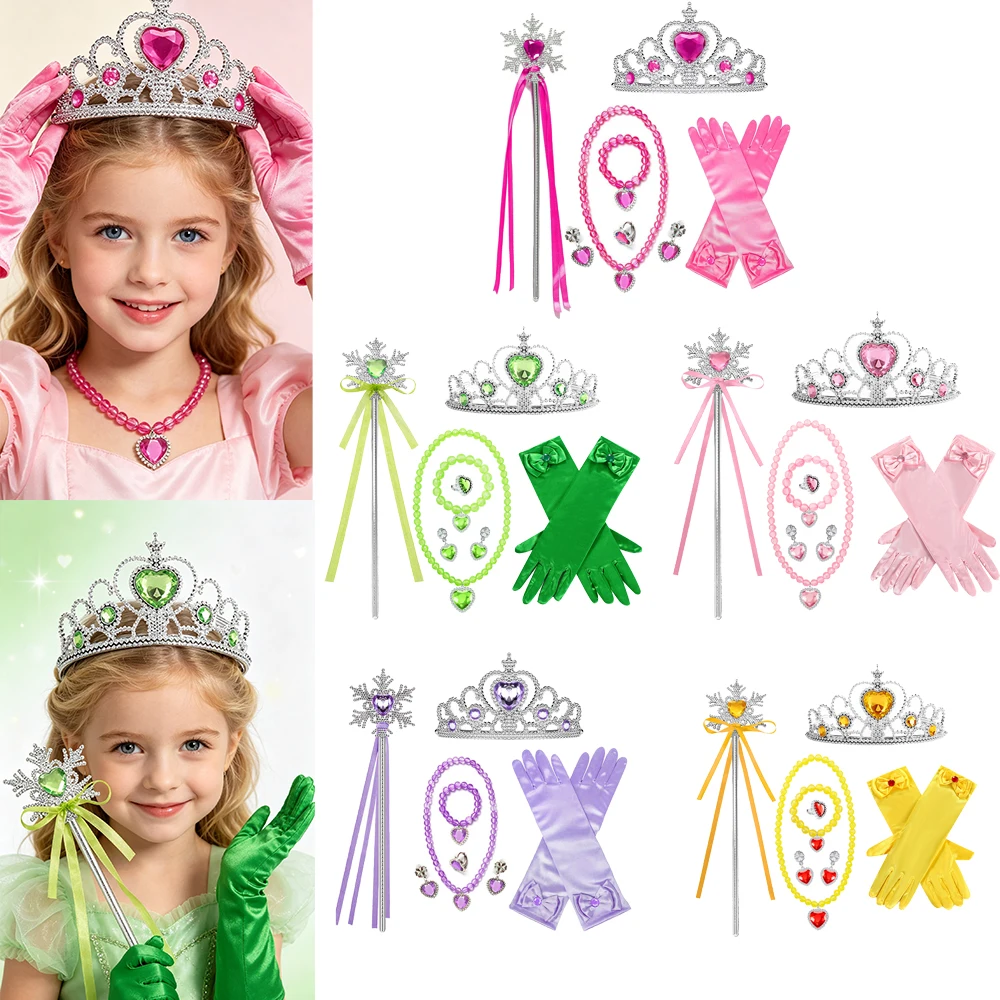 Girls Princess Dress Up Set With Crown Wand Gloves Necklace Accessories Kids Birthday Party Costume for Toddler 3 4 5 6 years