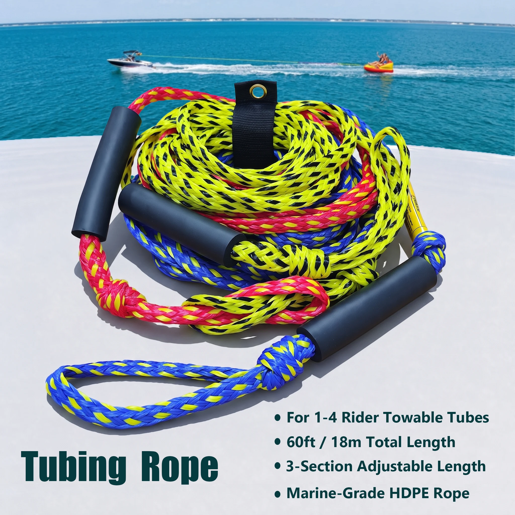 3-Section Tow Ropes for Tubing, 1-4 Rider 60FT Ropes for Towable Tubes,random color‑pattern combinations for a unique look