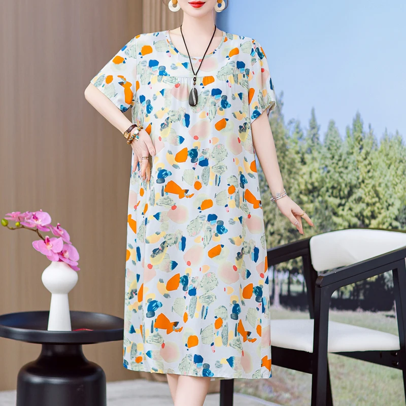 Overs ize Damen Sommerkleid 2024 neue elegante Kurzarm Vintage Print lange Kleider weibliche koreanische Kleidung hohe Qualität