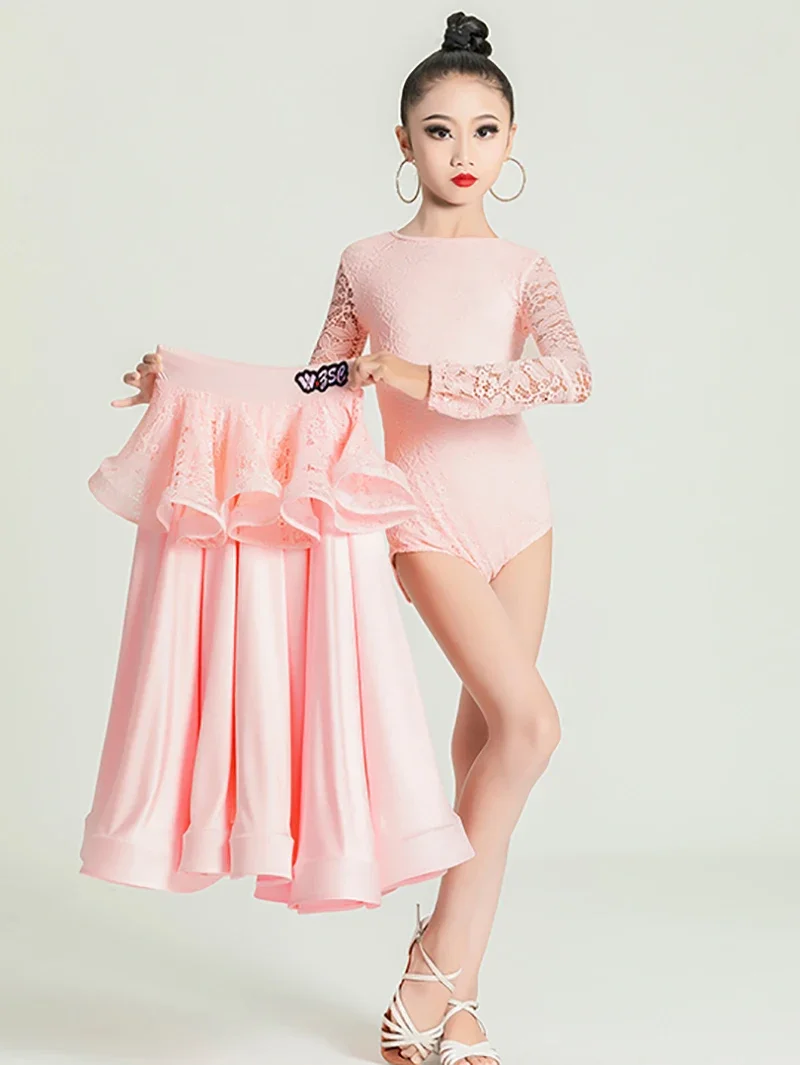 Kids Girls Modern Dance Children‘s Waltz Dance Lace Bodysuit and Big Swing Skirt Competition Practice Performance Dancewear