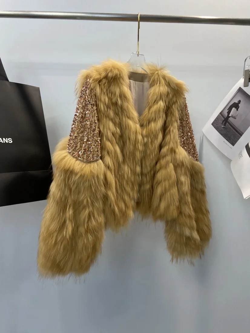 جديد الراكون الشعر سيارة شرائط معطف جلد فاخر خفيف للنساء + تصميم الترتر الصناعة الثقيلة