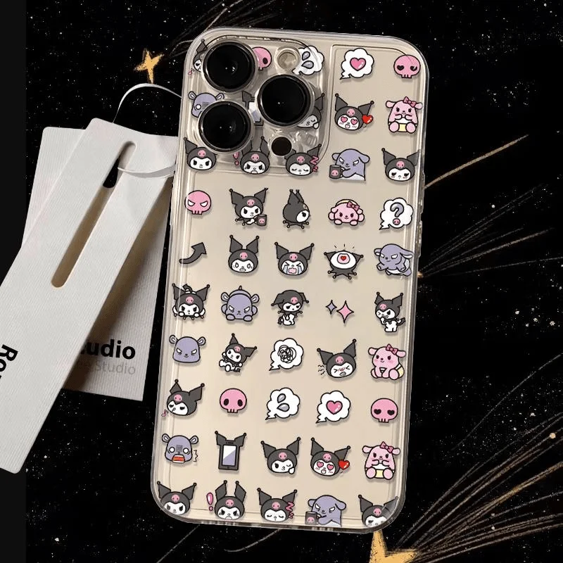 Cartoon Print Kuromi 15Promax Phone Case Suitable for 14Plus 13Mini Cute Transparent 12/11 All Inclusive Phone Case Girl Gift