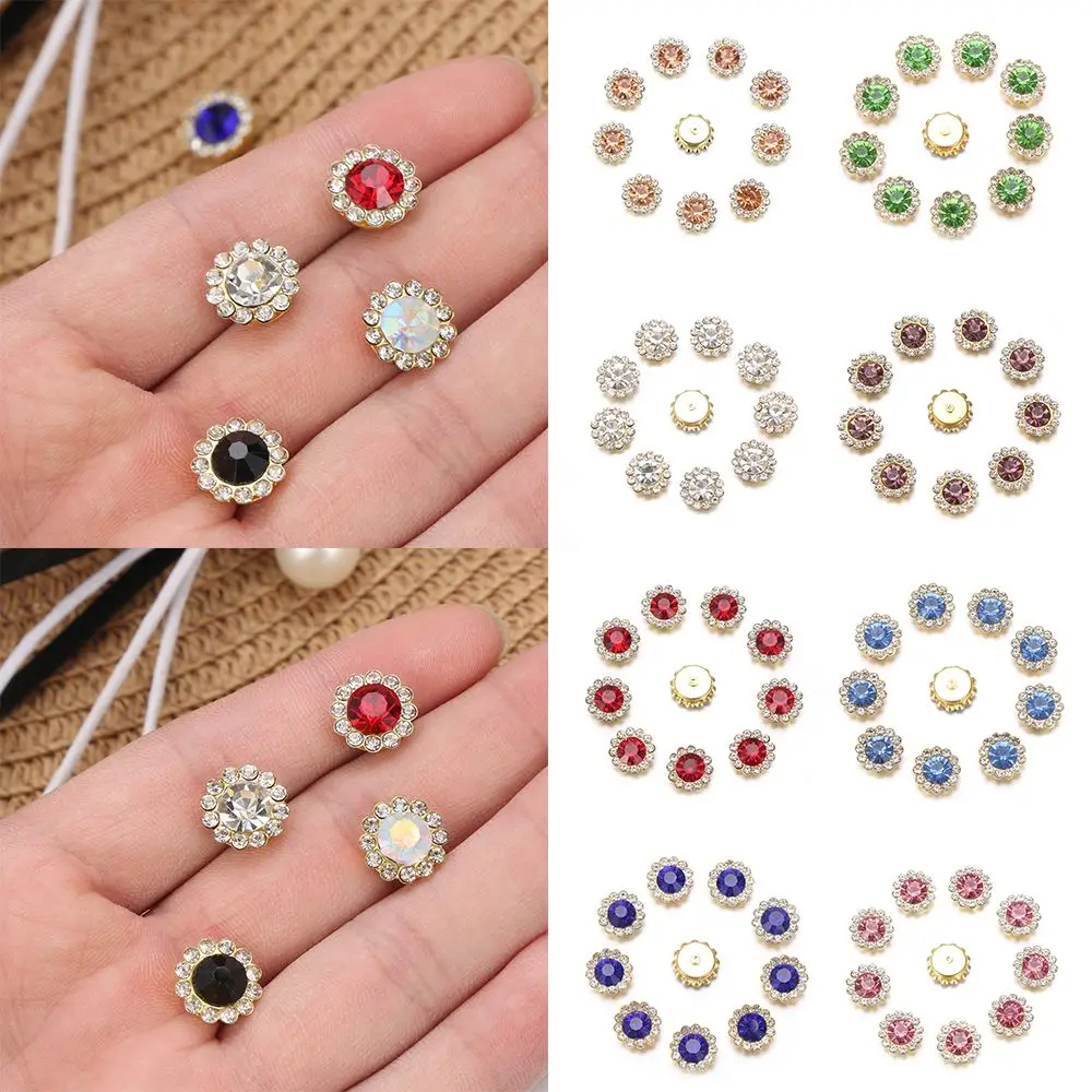 10PCS Flower-shaped Rhinestone Buttons Shiny Crystal Glass Stone Steel Bottom Clothes Decoration Sewing Accessories