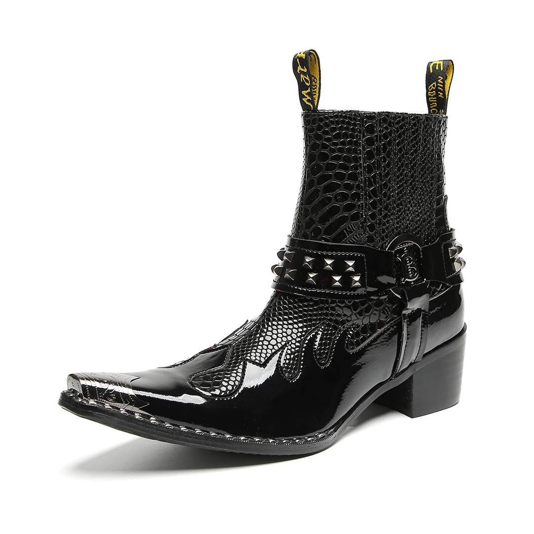 Men's High-Heel Boots Western Biker Boots Studded Metal-Toe Chelsea Boots Genuine Leather Slip-On Style Punk Black Dress Shoes