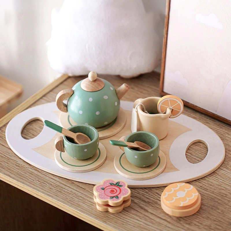 Tea Party Tableware Wooden Handiccraft Toy Kitchen Pretend Play Set for Toddlers Kids Birthday Gift Favors Kitchen Toys Gift