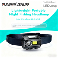 FUNAYA LED headlamp outdoor Motion Sensor mini  light 65g with 5 level rechargeable Flood  Spotlight Modes for Night Fishing