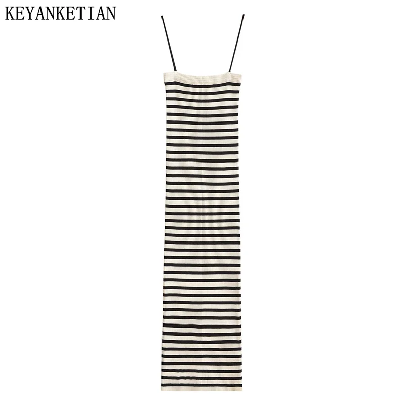 KEYANKETIAN Holiday Style New Slash Neck Long Stretch Knit Striped Halter Dress Fashion Women's Skinny MIDI Dress