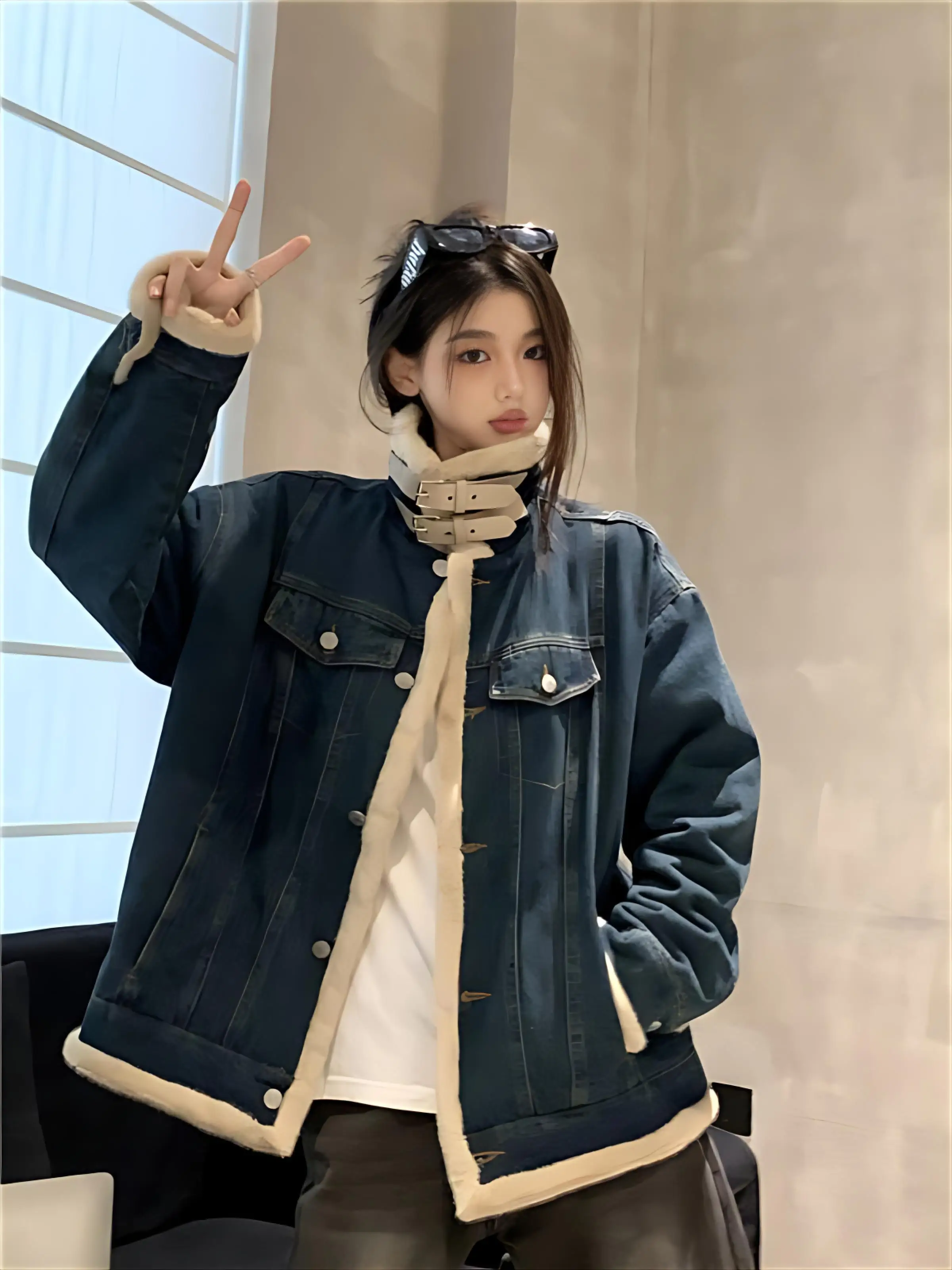 

Джинсовое пальто хорошего качества, меховое плюшевое женское осеннее пальто на шнурке, свободная минималистичная уличная одежда, городские куртки с поясом для поездок на работу Y2K