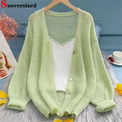 Sunscreen Knitted Green Cardigans Hollow Out Thin Summer Loose Coats Casual New Knitewear Jackets Elegant Korean Women Tops