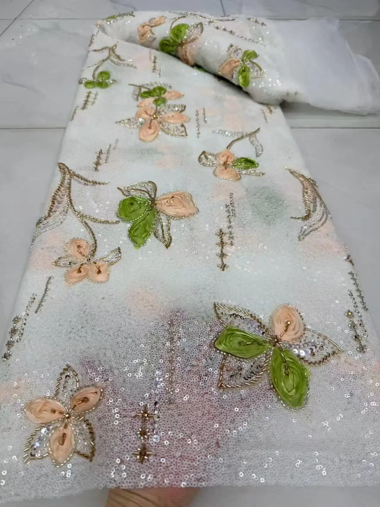 2026 Newest African Sequin Lace Fabric French Beaded Embroidery Tulle Mesh Lace Fabric for Wedding Party Dress Sewing