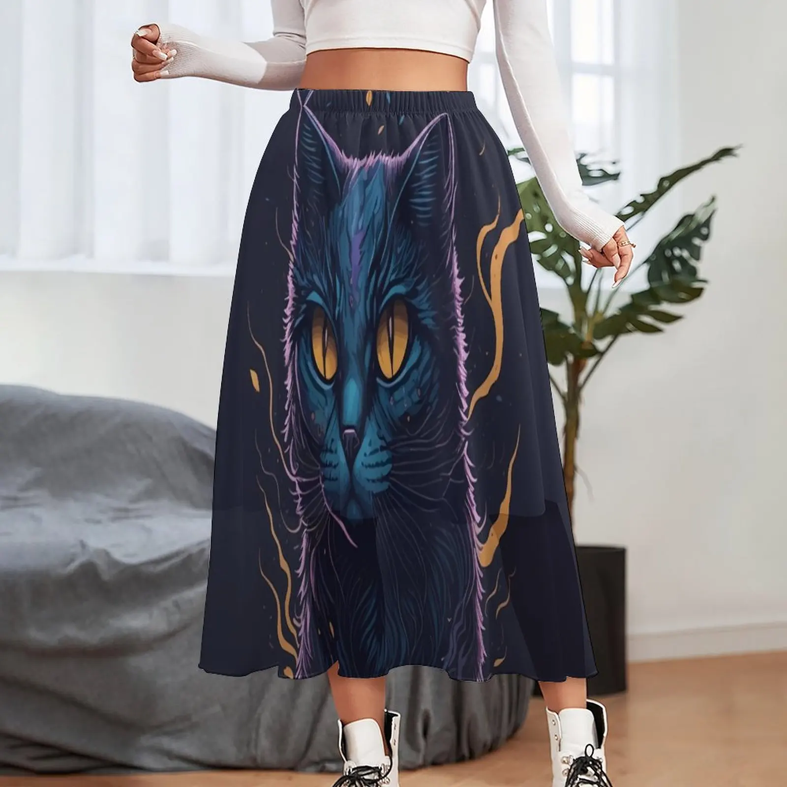 Magic Cat Skirt Black Animal Print Aesthetic Casual Skirts Cute Boho Skirt Female Graphic Oversized Clothes