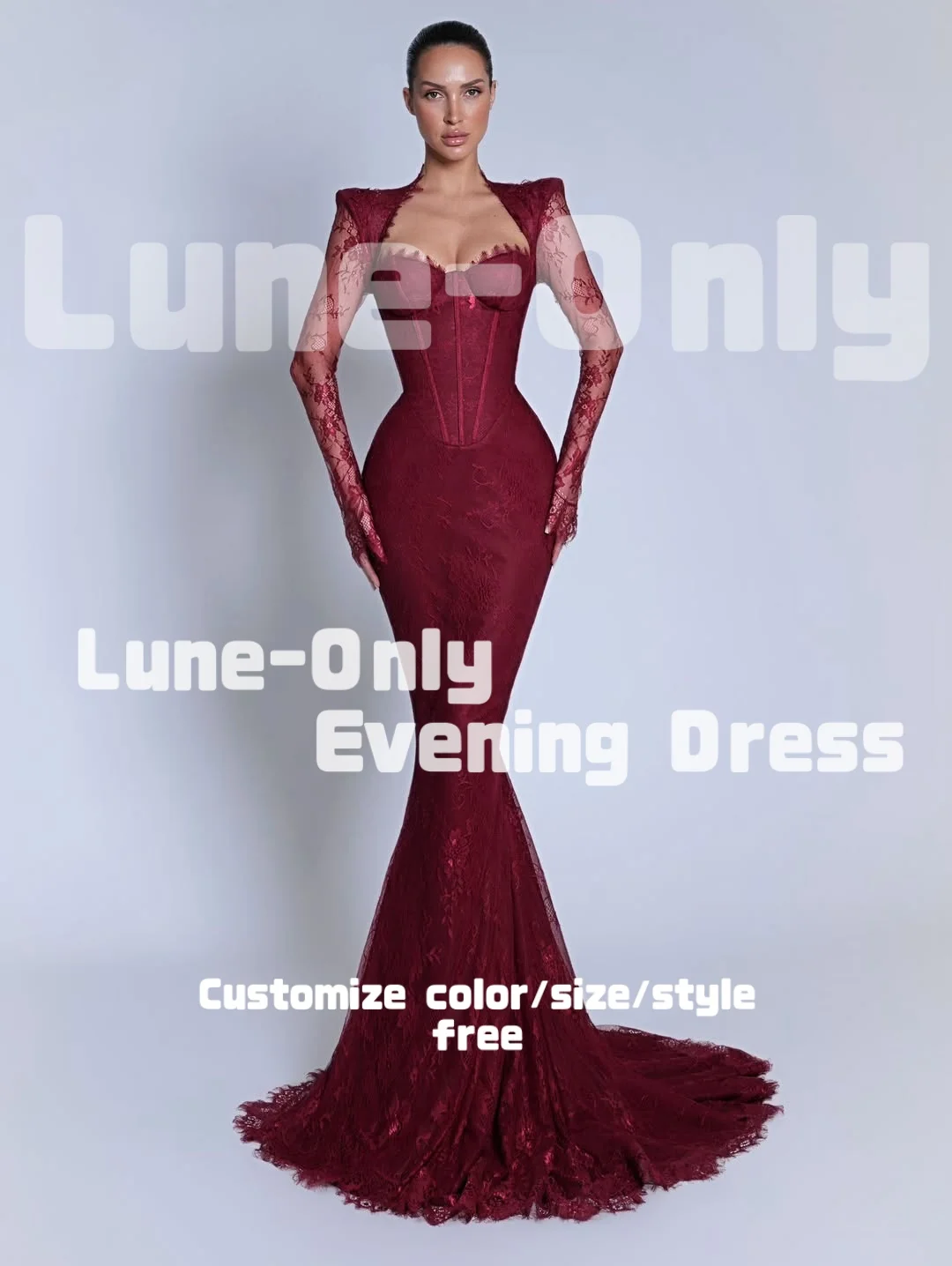 カスタマイズされたオープンバックバーガンディレース長袖女性イブニングドレスマーメイド恋人エレガントなパーティードレスウエディングフォーマルドレス