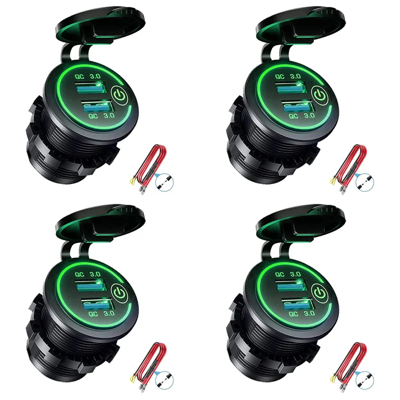 

【BRAND NEW】4X QC 3.0 Dual USB Charger Socket,Waterproof 12V/24V USB Outlet With Touch-Switch For Car, Marine,Boat,Motorcycle,Gre