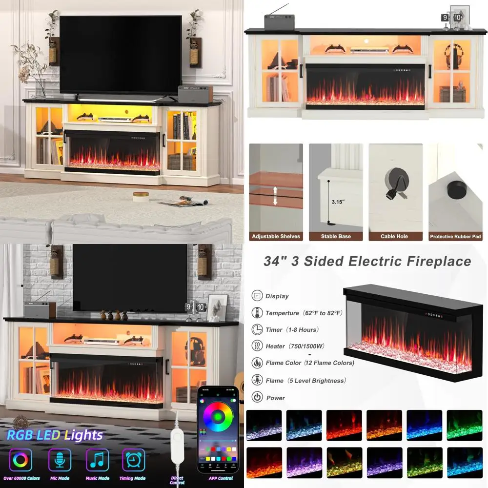 Soporte para TV con chimenea eléctrica de tres caras para 80 televisores, centro de entretenimiento con almacenamiento y puerta de cristal, 70 de ancho