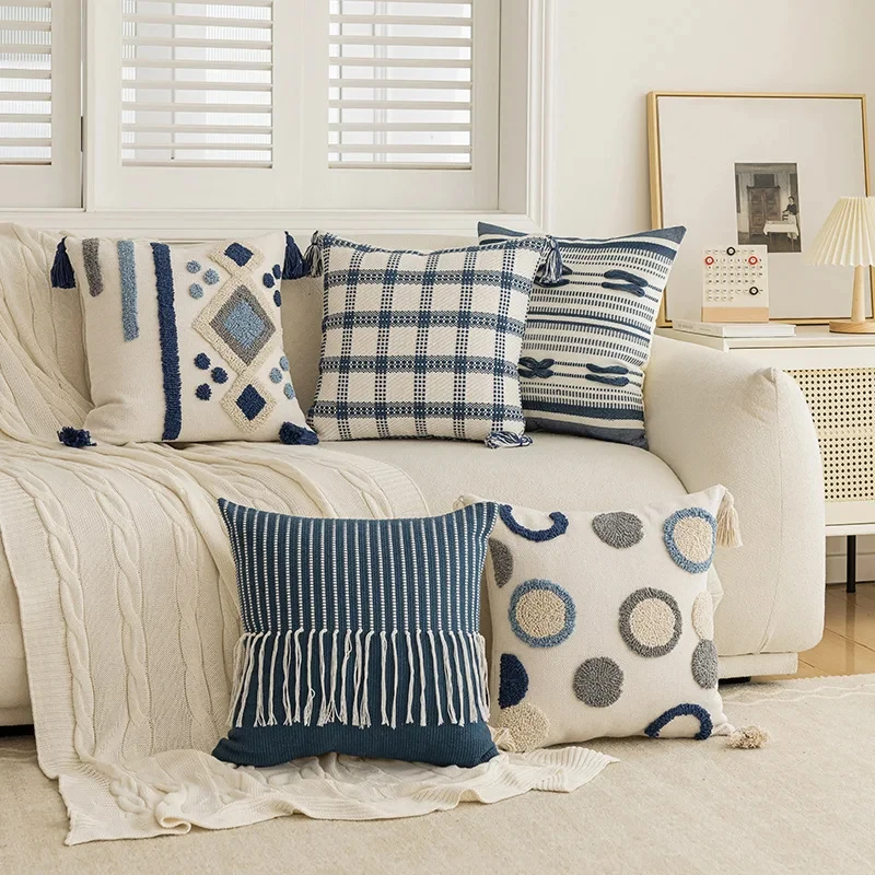 Blue Sofa Headboard Pillowcase Jacquard Embroidery Pillow Cover Cojines Decor Home Striped Polka Dot Tassel Cushion Covers 45X45
