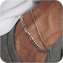 Mens Bracelet 2pcs Bracelets Set with Box Chain & Cuban Link, Stainless Steel Jewelry Gifts for Men - Dad, Boyfriend, Husband.