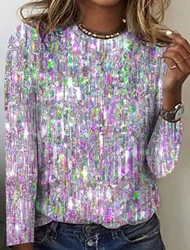 Women's T Shirt Tee Silver Light Green Pink Graphic Print Long Sleeve Daily Weekend Basic Round Neck Painting