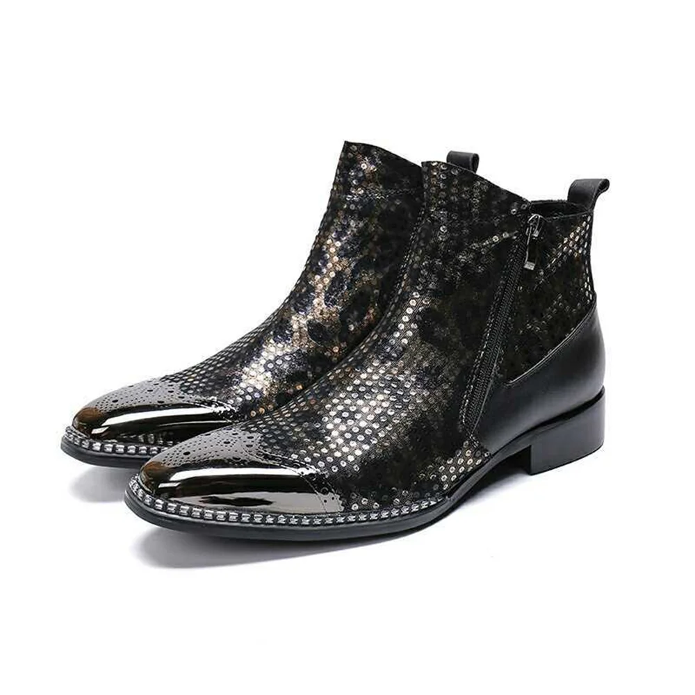

Bordered With Metal Black Genuine Leather High Heels Pointed Toe Boots Male Plus Size Party Business British Style Dress Shoes